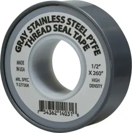 Place Order Midland Metal 982135 Stainless Steel Thread Seal Tape, 4 mil Thick, 1/2 in W, 260 in L, Gray, PTFE