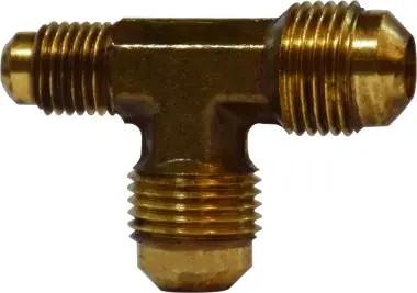 Fresh Stock Midland Metal 10170 Reducing Tee, 1/4 in SAE 45 deg Male Flared x 1/4 in SAE 45 deg Male Flared x 3/8 in, Brass