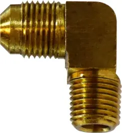 Midland Metal 10287B 90 deg Barstock Elbow, 1/4 in Male Flared x 1/4 in Male NPTF, Brass Hassle-Free Returns