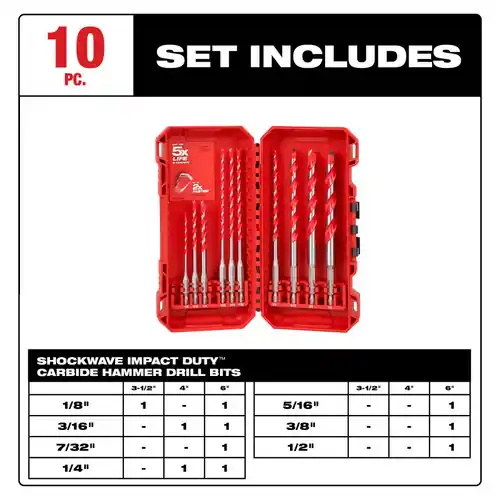 Big Sale Milwaukee Tool 48-20-9058 10 PC SHOCKWAVE Impact Duty Carbide Hammer Drill Bit Set