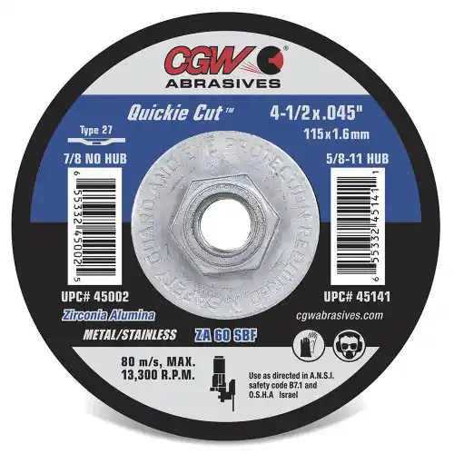 Markdown CGW Abrasives 45142 5 x .045 x 5/8-11 T27 Za60Sbf Resin Cut Whls Thin, 10 Pack