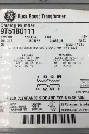 Place Order GE General Electric 9T51B0111 Transformer Type QB 1.50KVA 1PH 60Hz 40C AMB 115C Rise Class 180