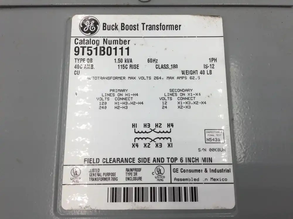 Place Order GE General Electric 9T51B0111 Transformer Type QB 1.50KVA 1PH 60Hz 40C AMB 115C Rise Class 180