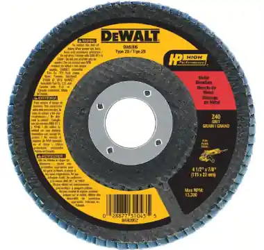 DEWALT 4-1/2" X 7/8" Type 29 HP Flap Disc, 24 - 120 Grit Trusted Brand